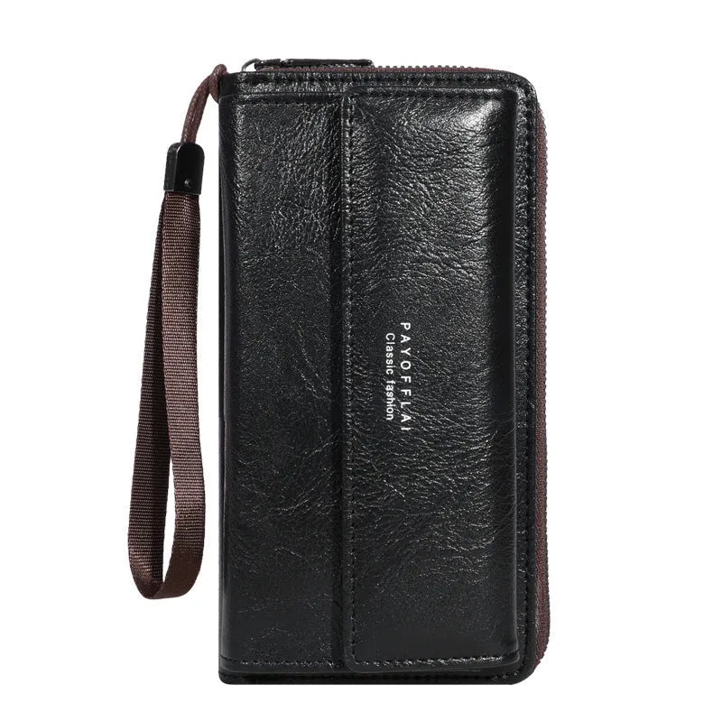 Men's black PU leather long wallet with multiple card slots showing its slim profile.