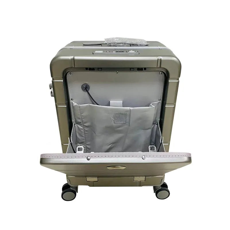 Front opening dry wet separation suitcase 20-inch in titanium silver with cup holder