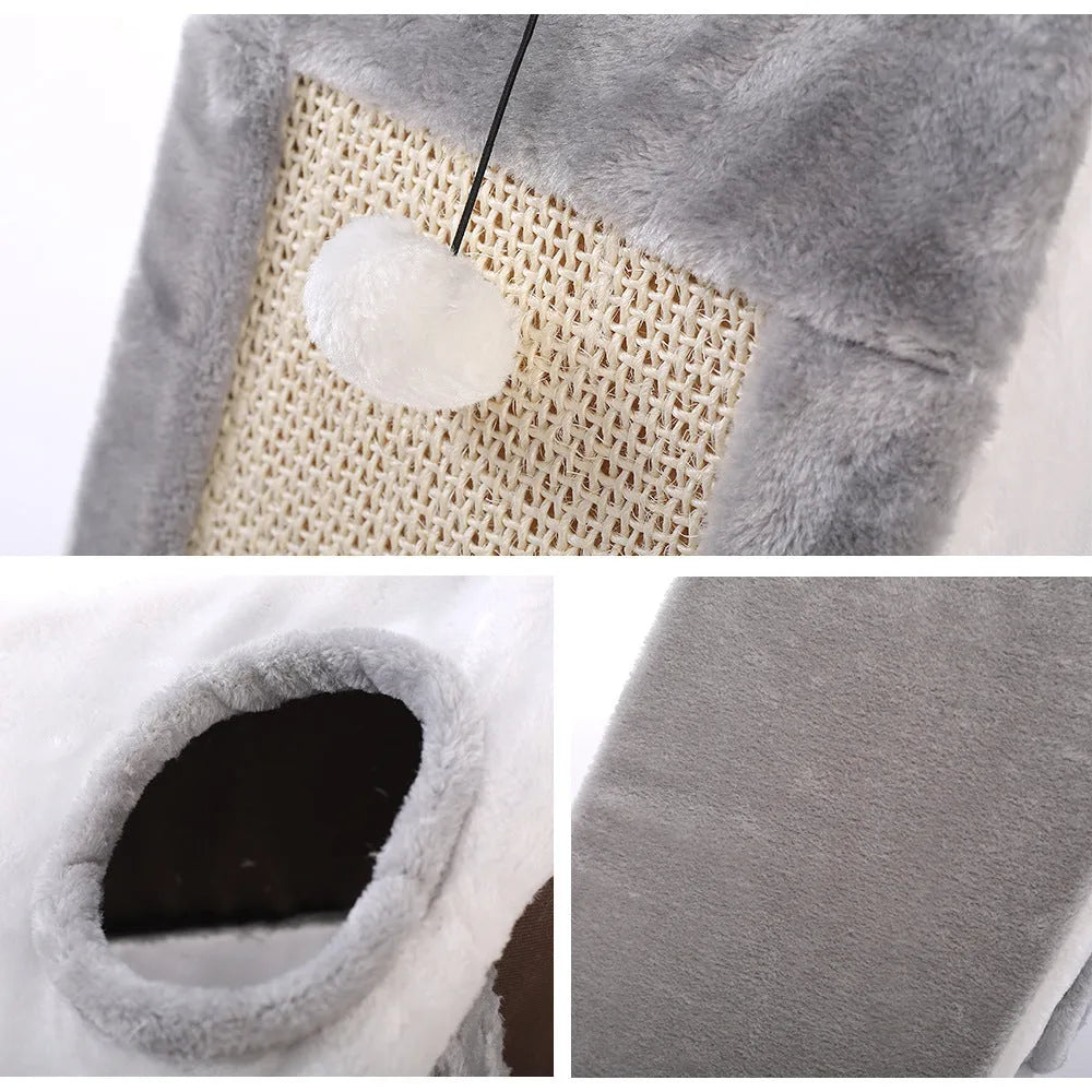 Triangular cat bed with integrated sisal scratching surface in grey and white colour option