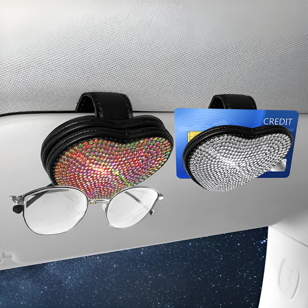 Black PU leather magnetic clip for car sun visor holding sunglasses, 8.0 cm by 7.3 cm.