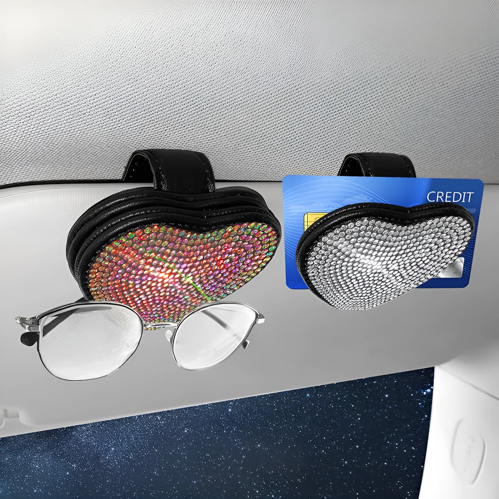 Black PU leather magnetic clip for car sun visor holding sunglasses, 8.0 cm by 7.3 cm.