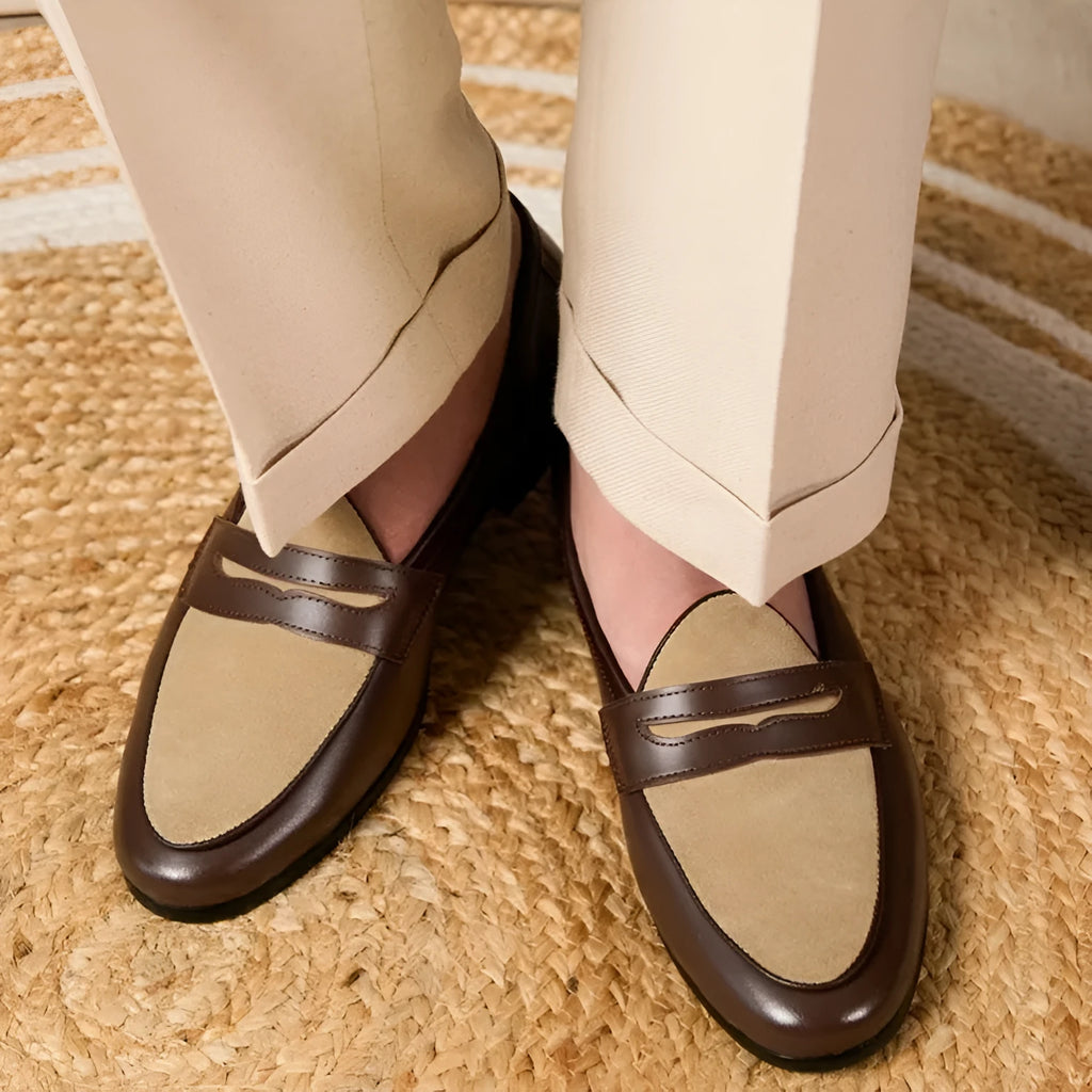 Coffee grey suede leather British-style slip-on loafers with rubber sole