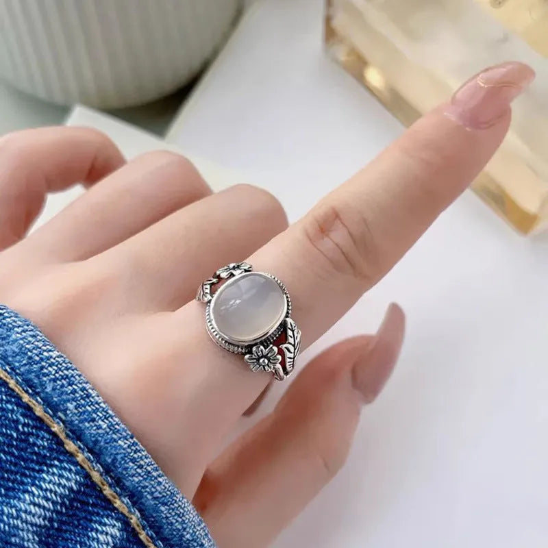 Adjustable vintage copper ring with white chalcedony design and antique finish