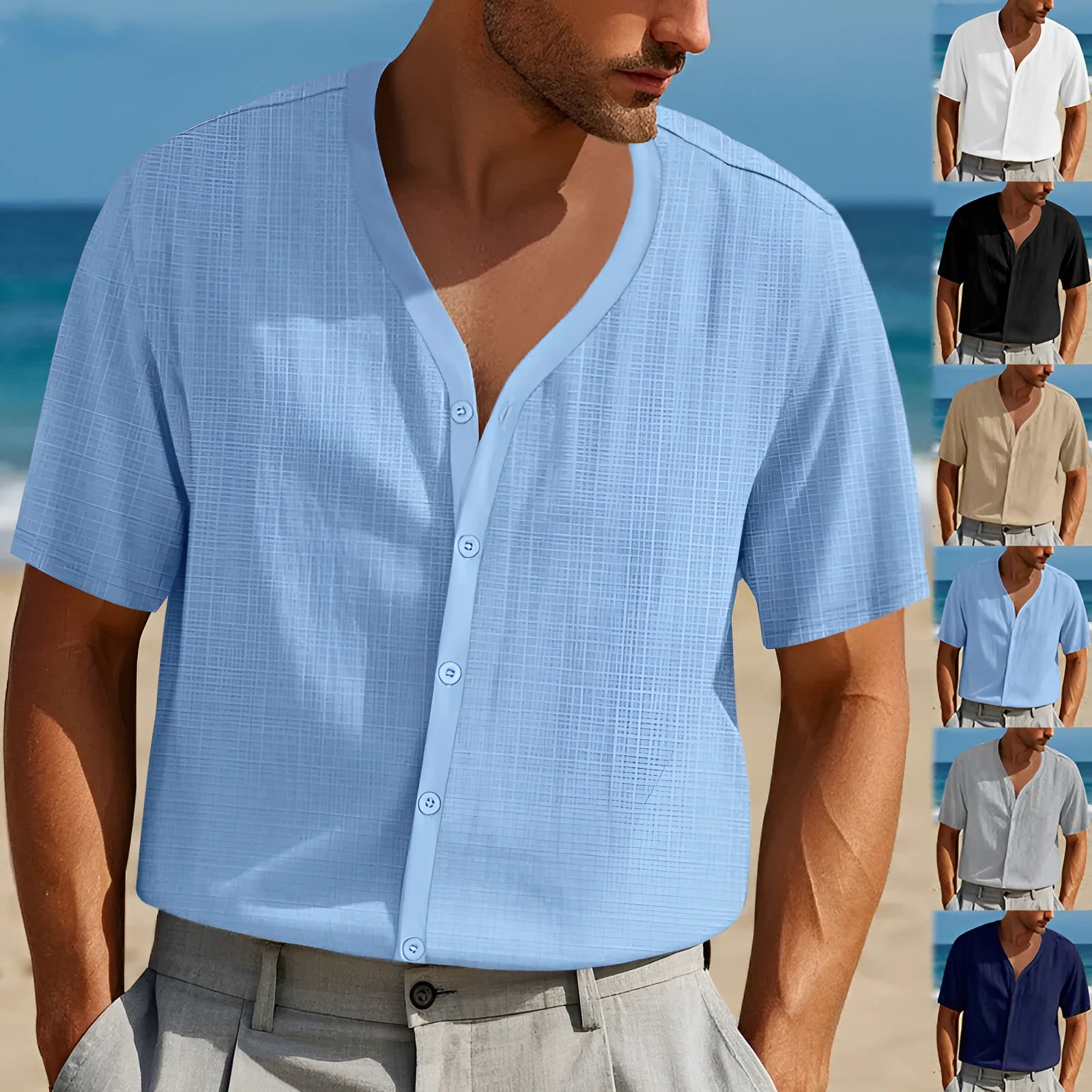 Men's imitation linen bamboo short-sleeved Henley shirt in solid colour, loose casual fit, short sleeves, summer top
