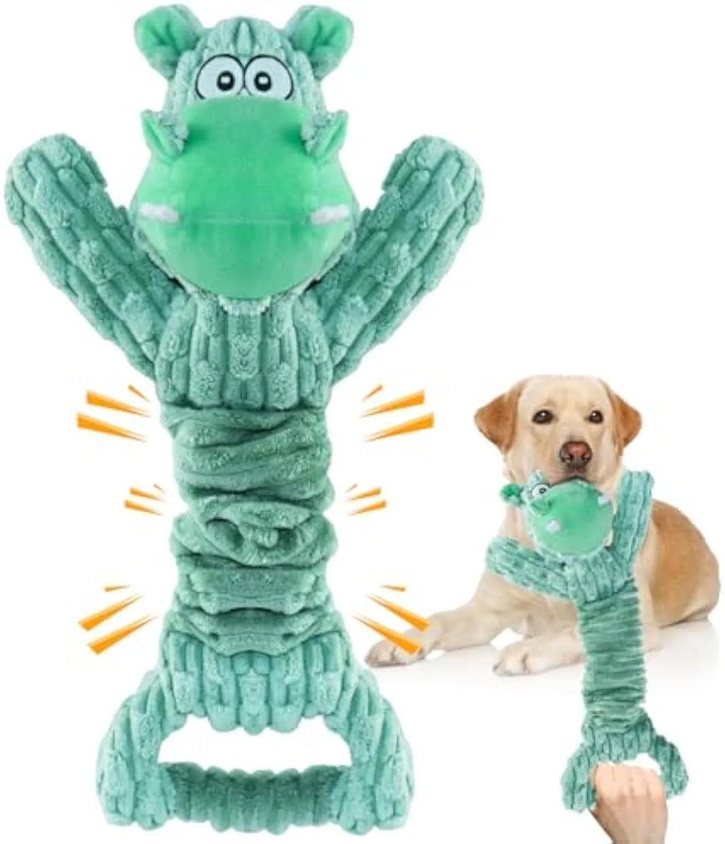 Large plush Hippo or Monkey dog toy with a handle, for squeaky and tug-of-war play.