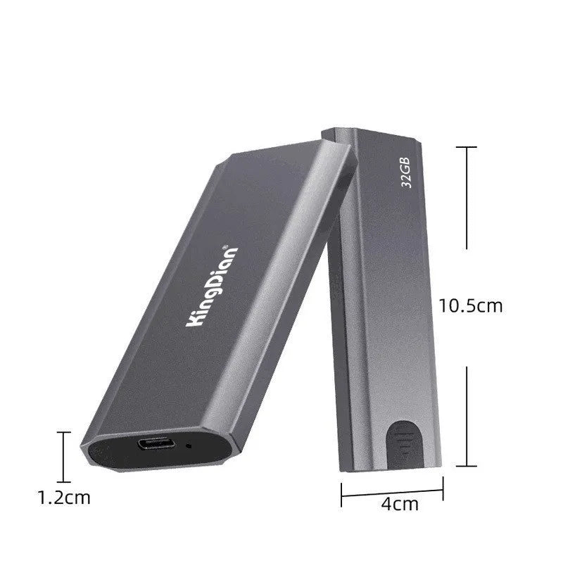 Grey mobile SSD portable hard drive with USB 3.0 interface measuring 119mm x 38mm x 13mm