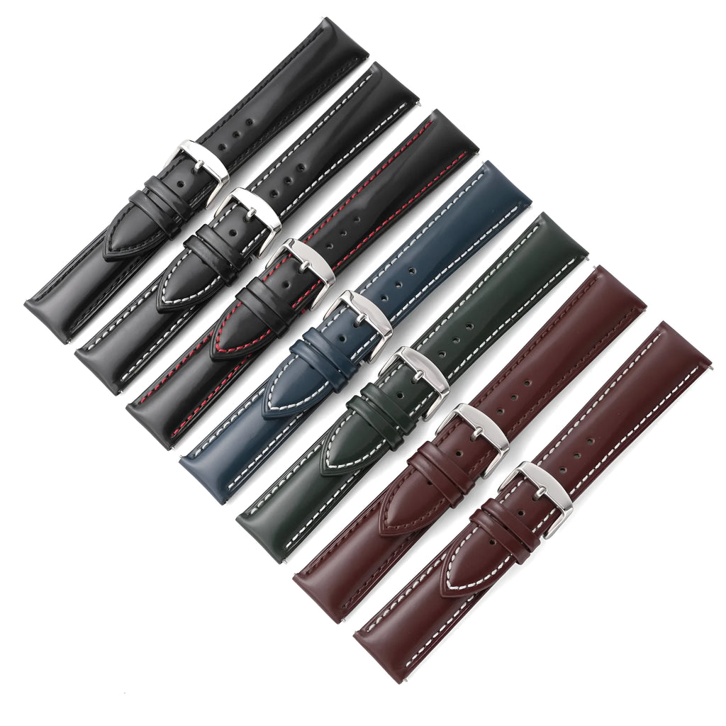 Quick release leather watch strap in bright cowhide showing colour options and width sizes from 18mm to 22mm.