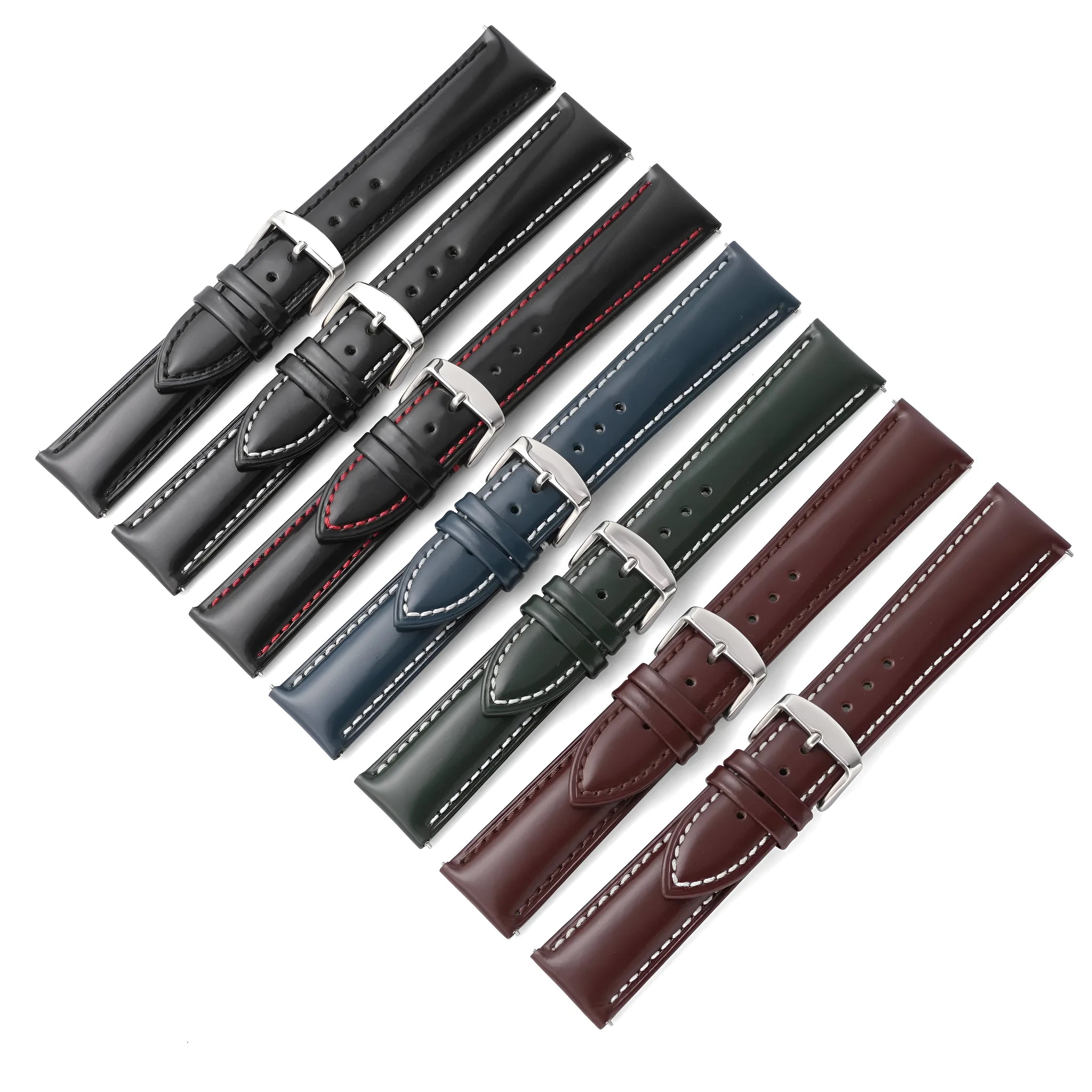 Quick release leather watch strap in bright cowhide showing colour options and width sizes from 18mm to 22mm.