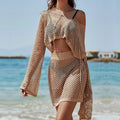 Khaki bell sleeve sun protection clothing suit with hollow-out design showing top and skirt pieces