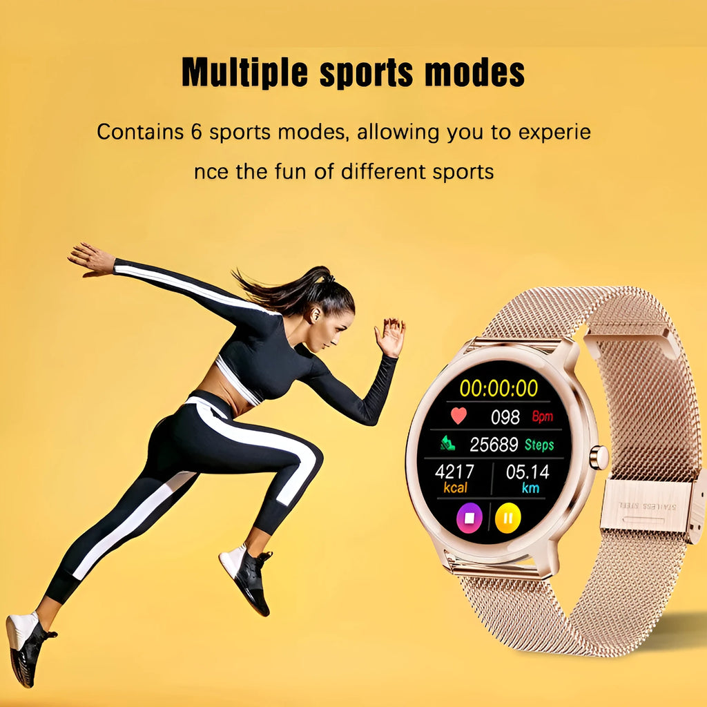 Women's smart watch with 1.3-inch TFT screen and stainless steel wristband, mesh belt rose colour