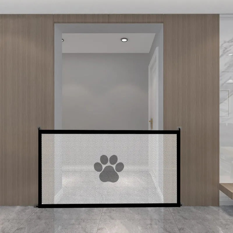 Portable folding dog barrier net fence with pet doorsill in black dog footprint design
