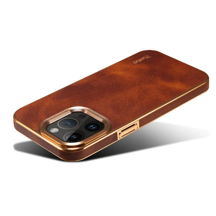 Handmade leather iPhone case in vintage oil wax leather showing slim profile and precise button cutouts