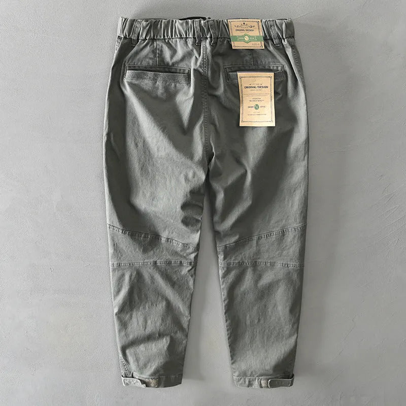 Men's solid cotton casual Japanese overalls in khaki with elastic waist and loose fit