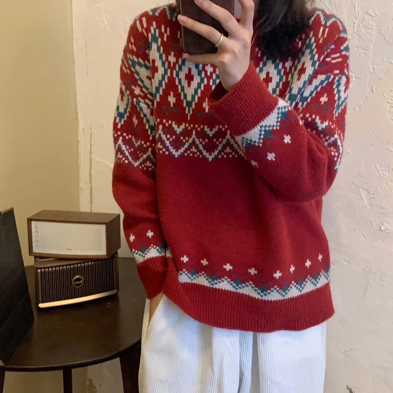 Red and white striped loose fit retro pullover knitted top with long sleeves