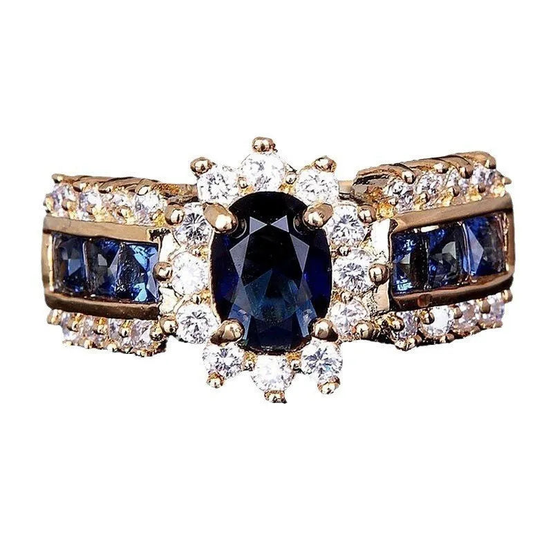 Zinc alloy fashion ring with diamond treatment in sunflower blue, square blue zircon, and square purple zircon style options.