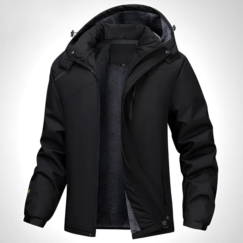 Plus size men's hooded waterproof coat in Army Green, shown on a model.