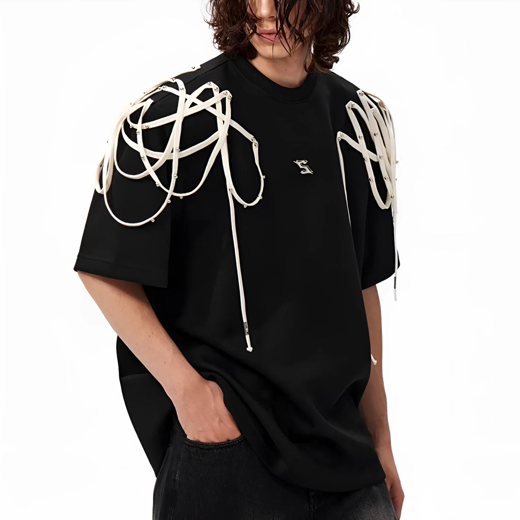 Black loose fit t-shirt with rivet ribbon padded shoulders and round neck collar