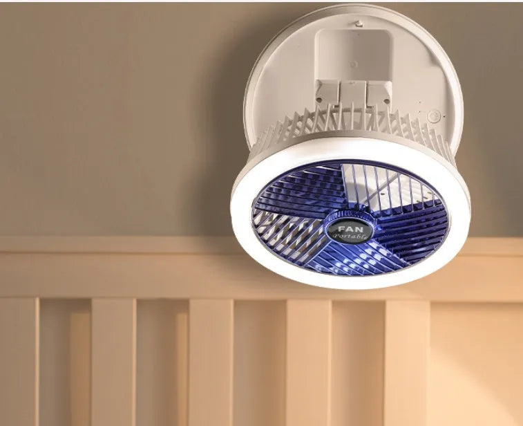 USB charging foldable table fan with LED light and 300-degree rotation on a desk