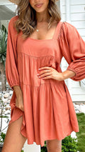 Children's square collar puff sleeve backless dress in A-line silhouette with loose waist