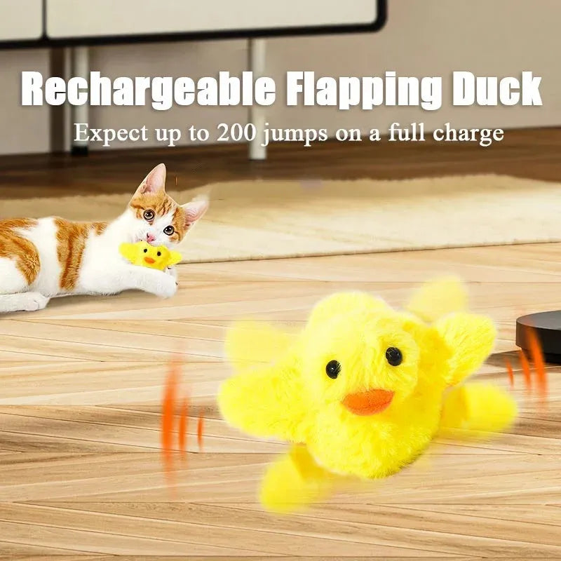 Yellow flapping duck cat toy with USB charging cable for interactive play