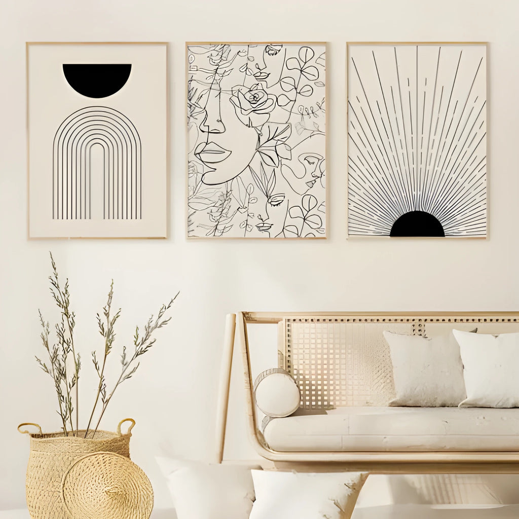 Boho canvas abstract lines frameless wall art with animal subject in fade-resistant water-based ink