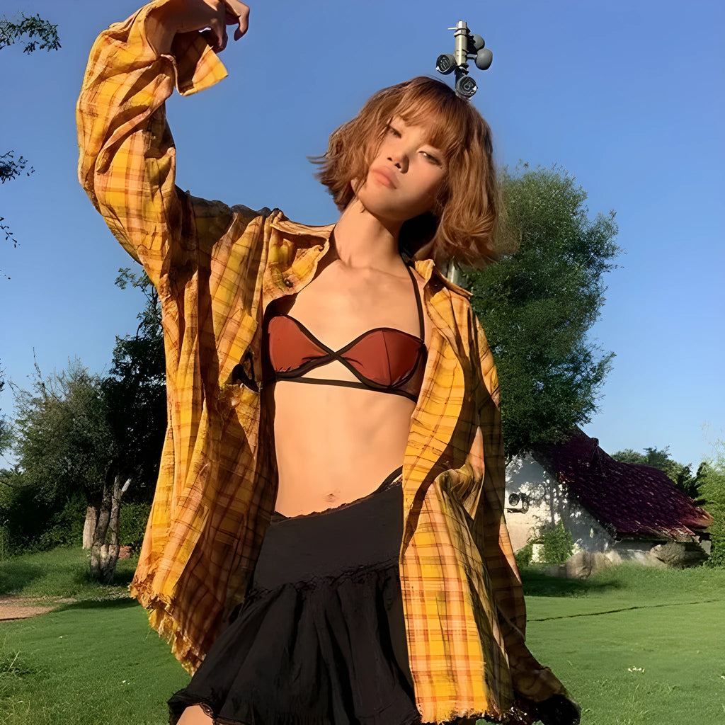 Yellow dopamine pattern plaid shirt with loose cardigan fit on hanger