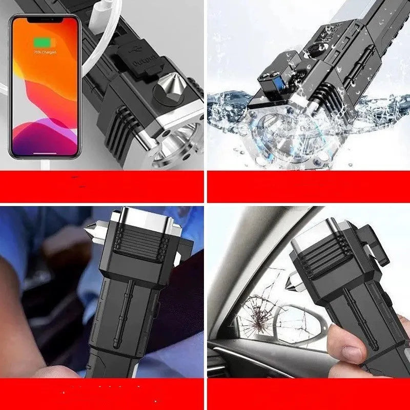 Silver portable LED emergency flashlight with power bank charging function