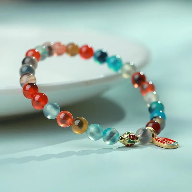 Natural agate coloured glaze copper coin snake bracelet for women, fu character style, handmade, 6mm or 8mm beads