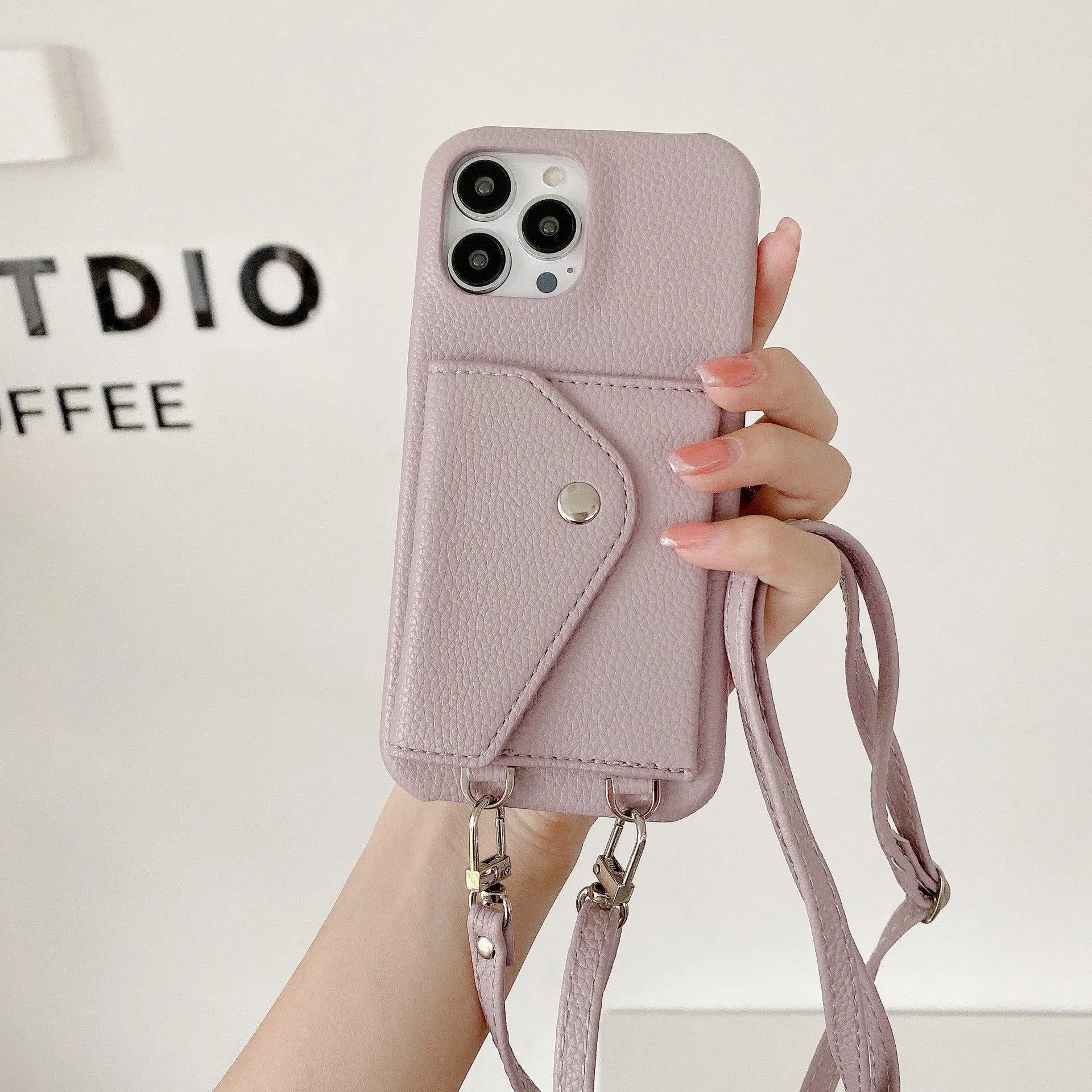 PC leather phone case with card holder and crossbody lanyard for iPhone, lychee pattern texture, black colour