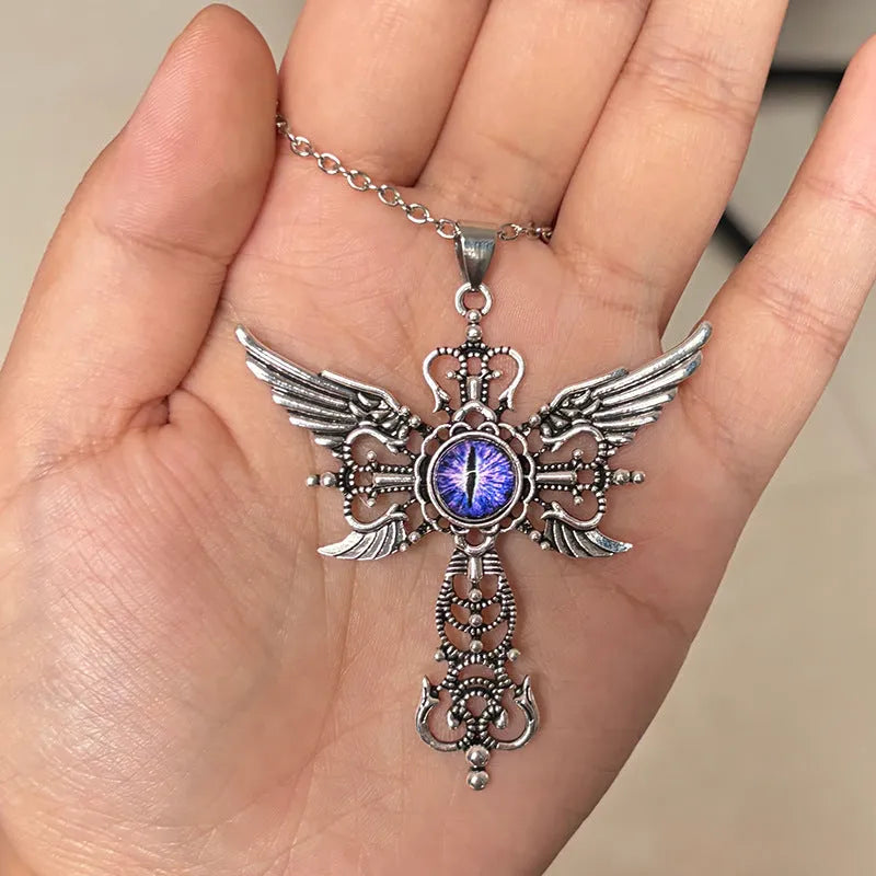 Alloy devil wings cross pendant necklace in geometric shape showing blue colour option