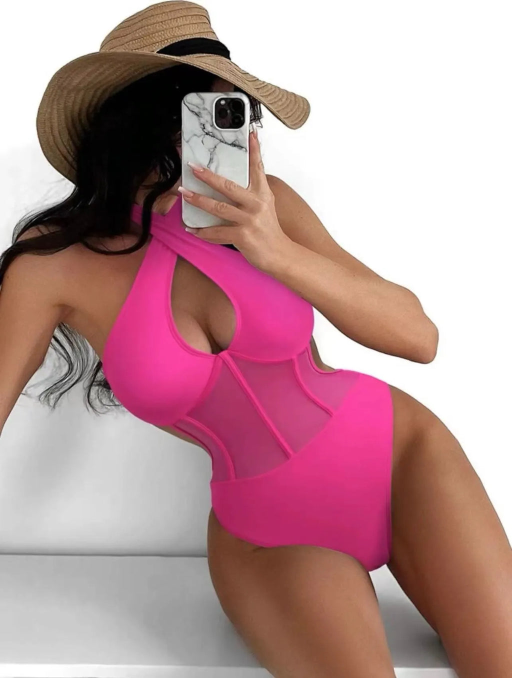 Women's black one-piece spun yarn swimsuit bikini on a mannequin, showing front design.