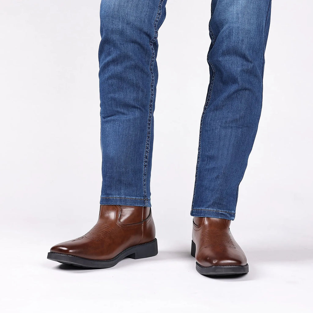 Men's retro embroidered cowboy boots with wide square toe and low horseshoe heel in brown artificial leather