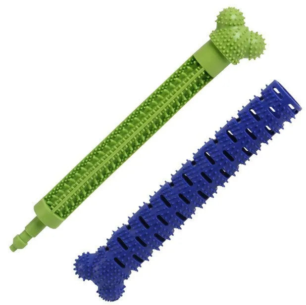 Blue-green dog molar tooth cleaner with serrated brush head design and silicone massage nodules