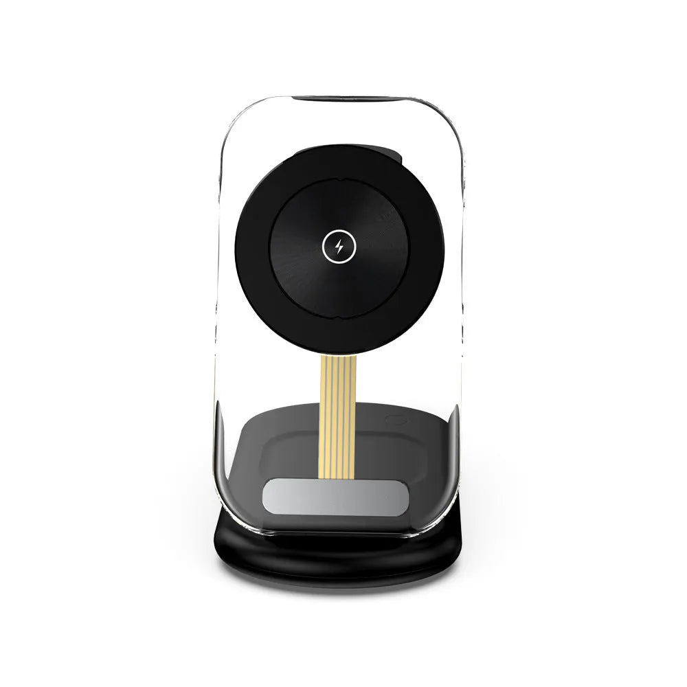 Transparent folding magnetic three-in-one wireless charger in black or white with QC3.0 fast charge
