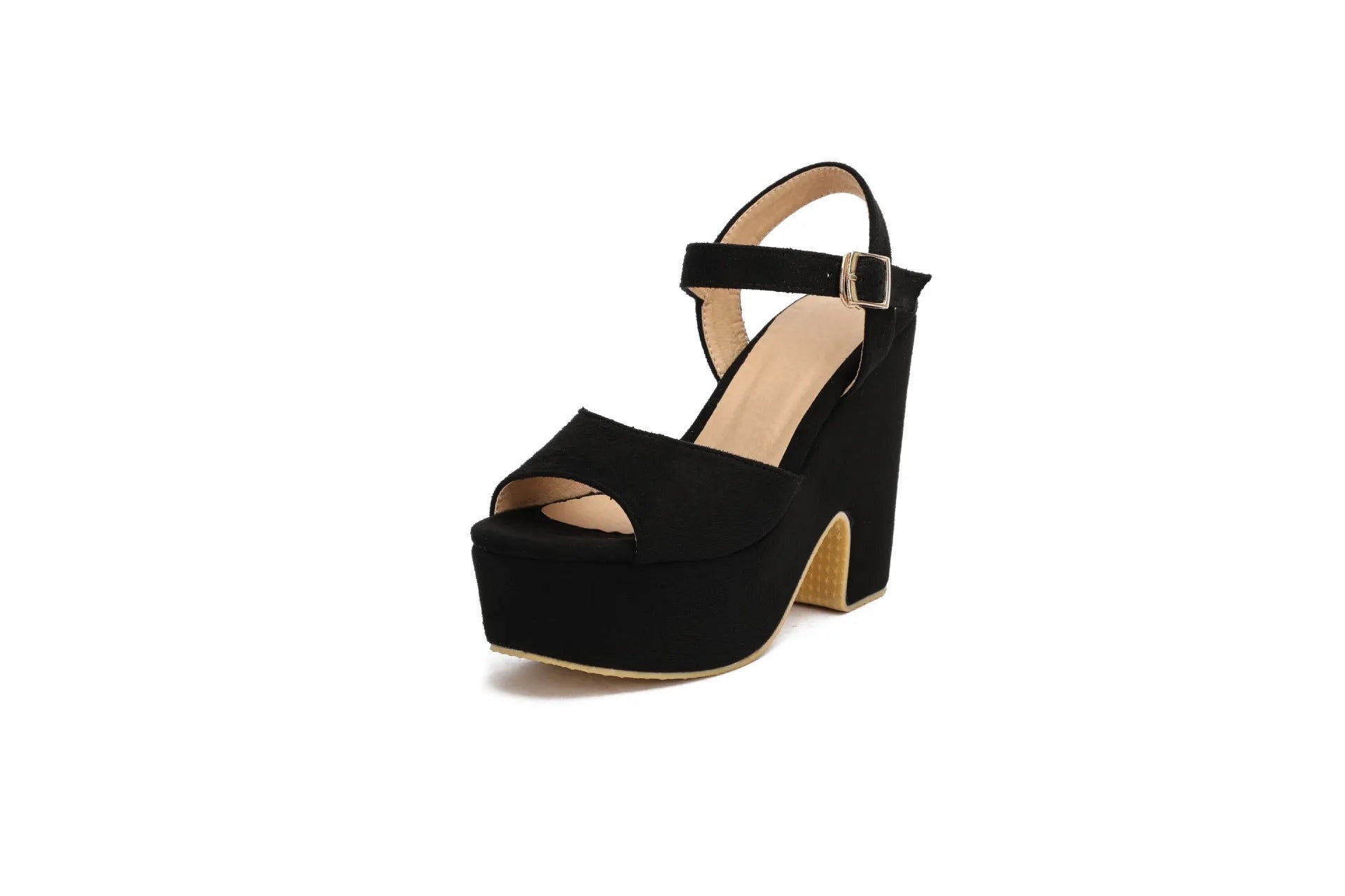 Plus size women's platform sandals with ankle strap, suede upper, round toe, in black