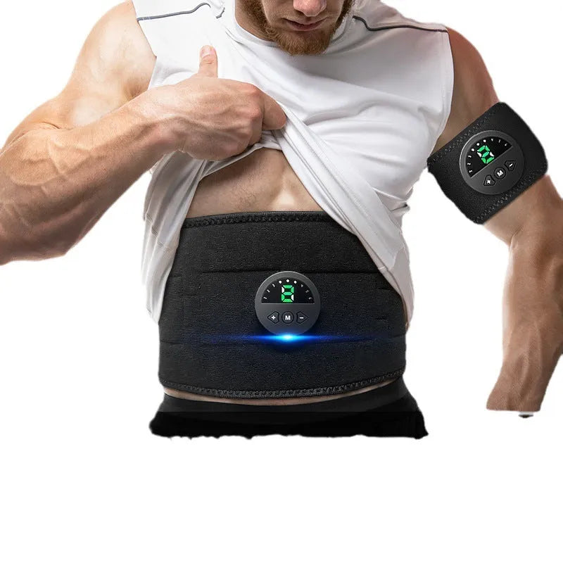 Smart abdominal vibration fitness belt with display screen on adjustable strap.