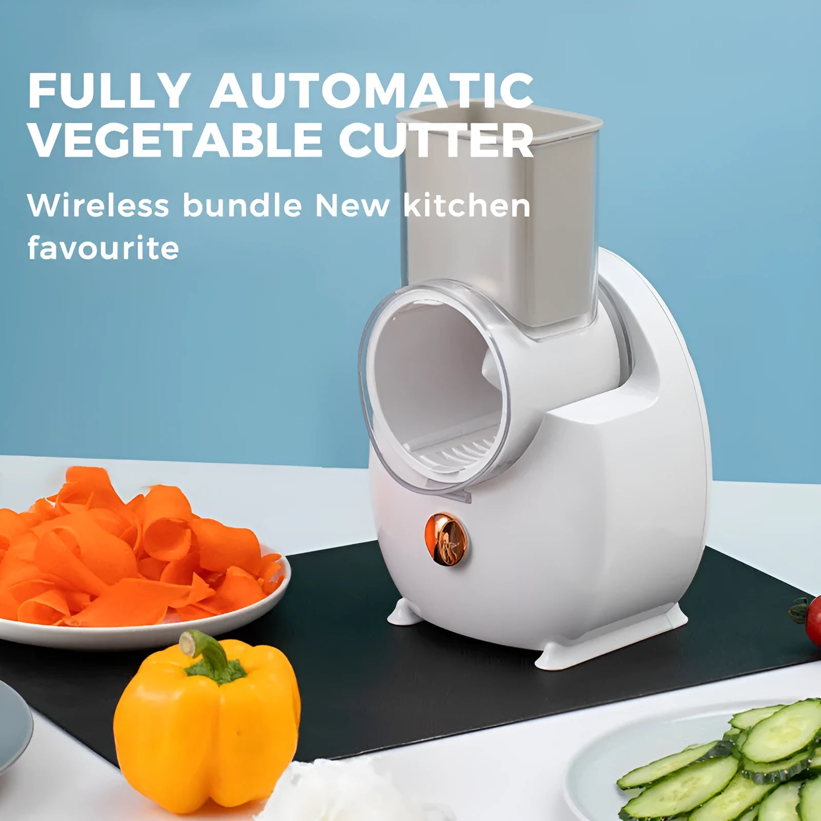 White electric vegetable slicer with rotary blades, suction base, and feeding port on a kitchen counter.