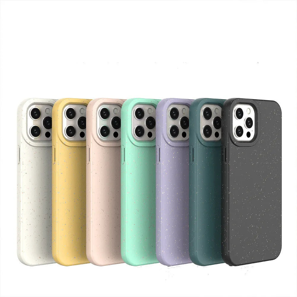 Degradable wheat straw composite phone case for iPhone 14 Pro Max in various colours.