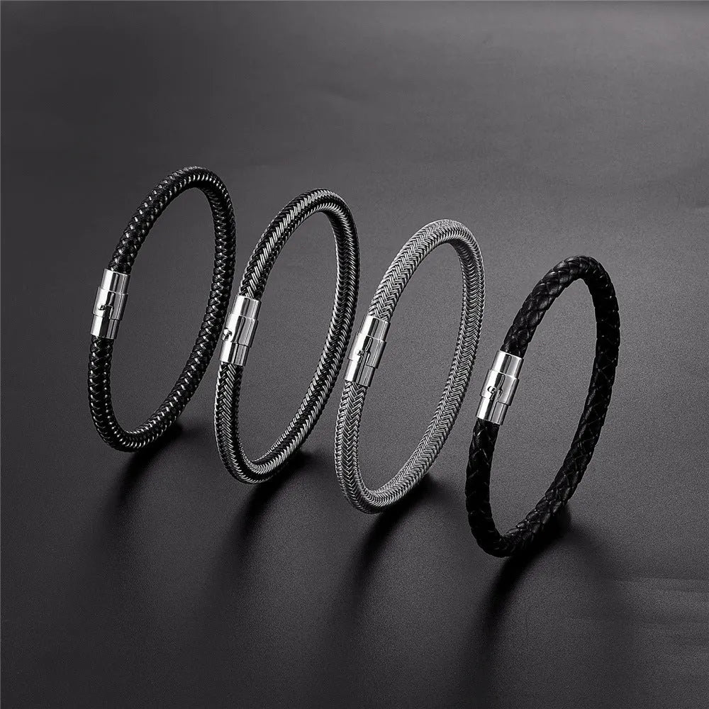 Geometric titanium steel bracelet with magnetic clasp shown in a unisex style on a wrist.