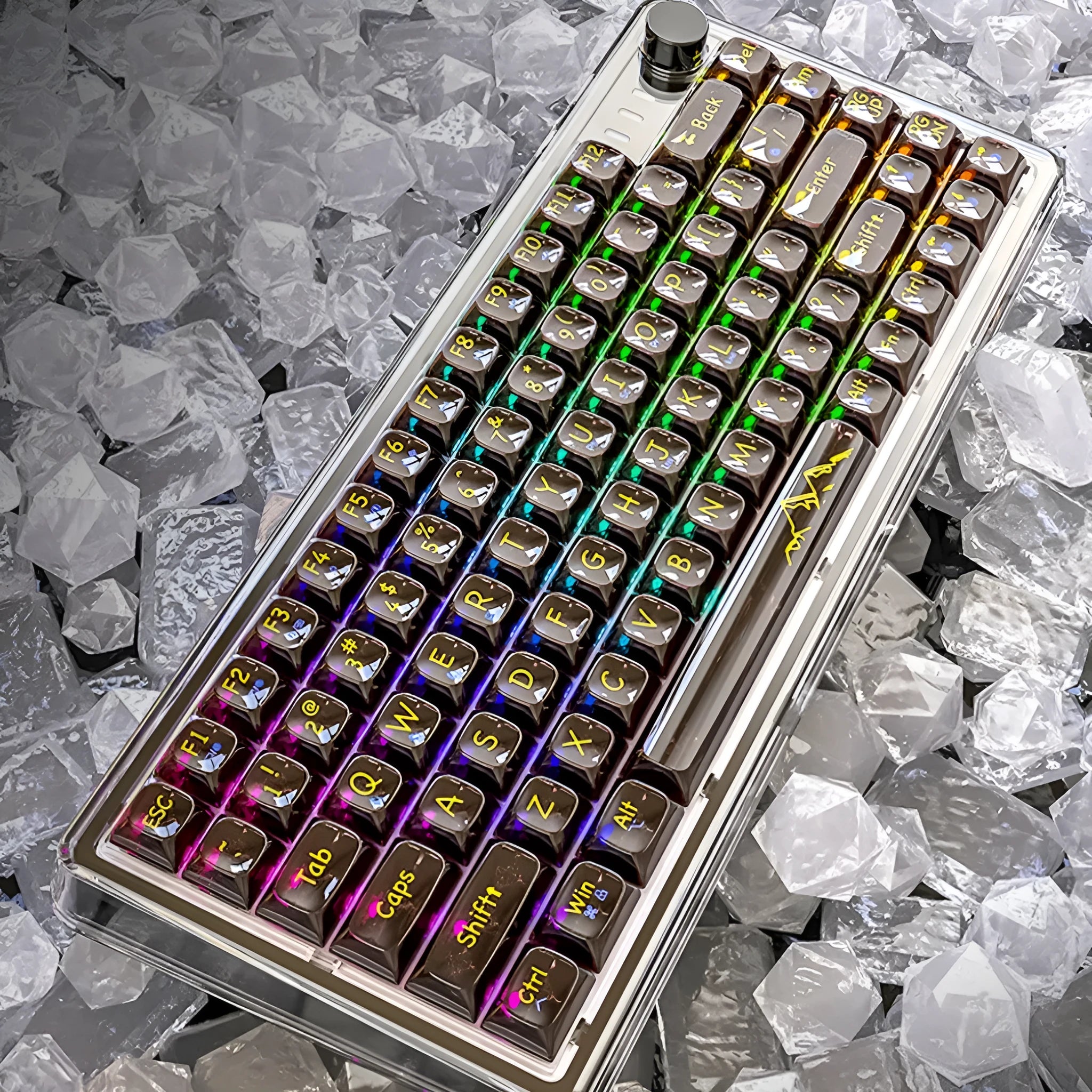 Attack Shark K75 RGB wireless mechanical keyboard with transparent housing showing internal components and RGB lighting