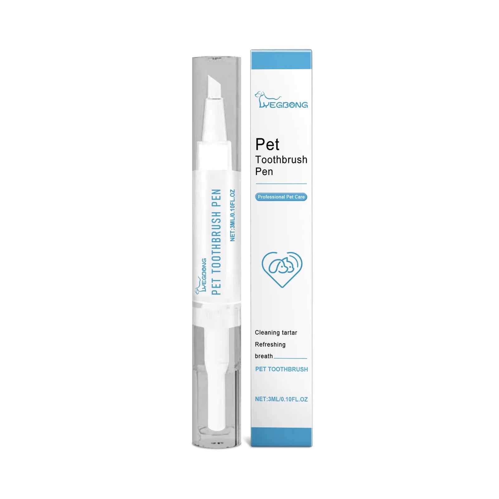 Pet teeth cleaning brush with built-in 3ml reservoir measuring 1.1x12.5 cm