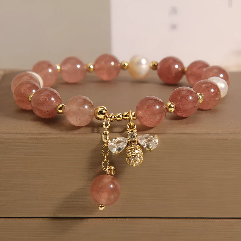 Women's strawberry quartz and freshwater pearl bracelet with bee charm and zircon accents