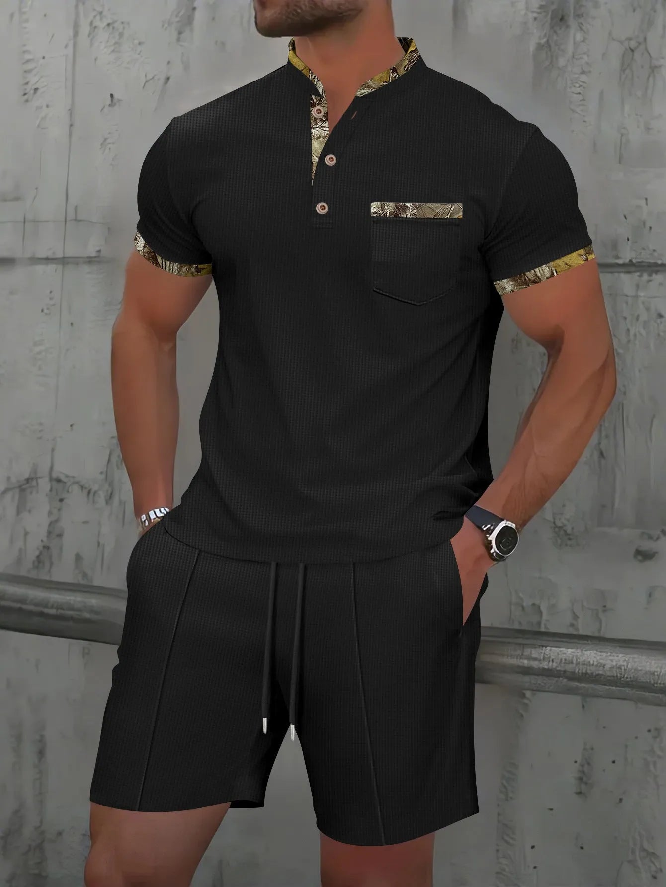 Men's grey cotton blend short sleeve suit with polo collar and matching shorts