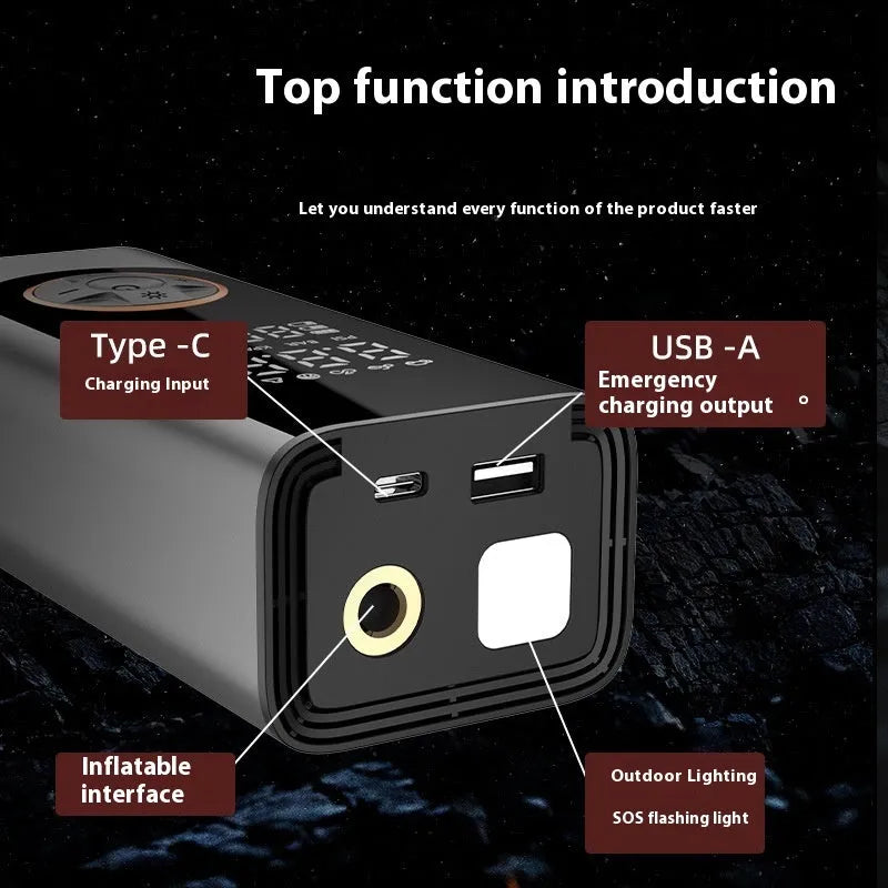 Wireless intelligent car inflator aluminium alloy black with tire pressure gauge and LED warning light