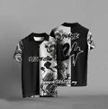 Black loose fit t-shirt with 3D digital printed design, short sleeves, polyester construction