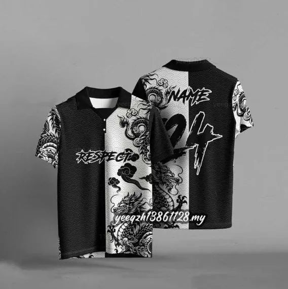 Black loose fit t-shirt with 3D digital printed design, short sleeves, polyester construction