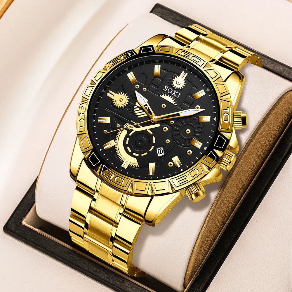 Men's gold stainless steel business quartz watch with 10mm thickness on wrist