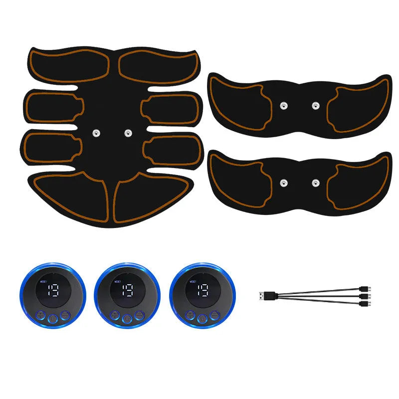 Abdominal muscle patch set with digital display in blue, red, and yellow edge options on a white background.