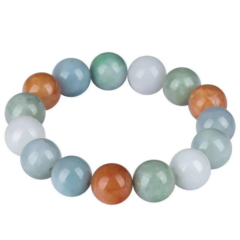 Natural Myanmar jade three-colour bracelet with 13mm round beads and national style design