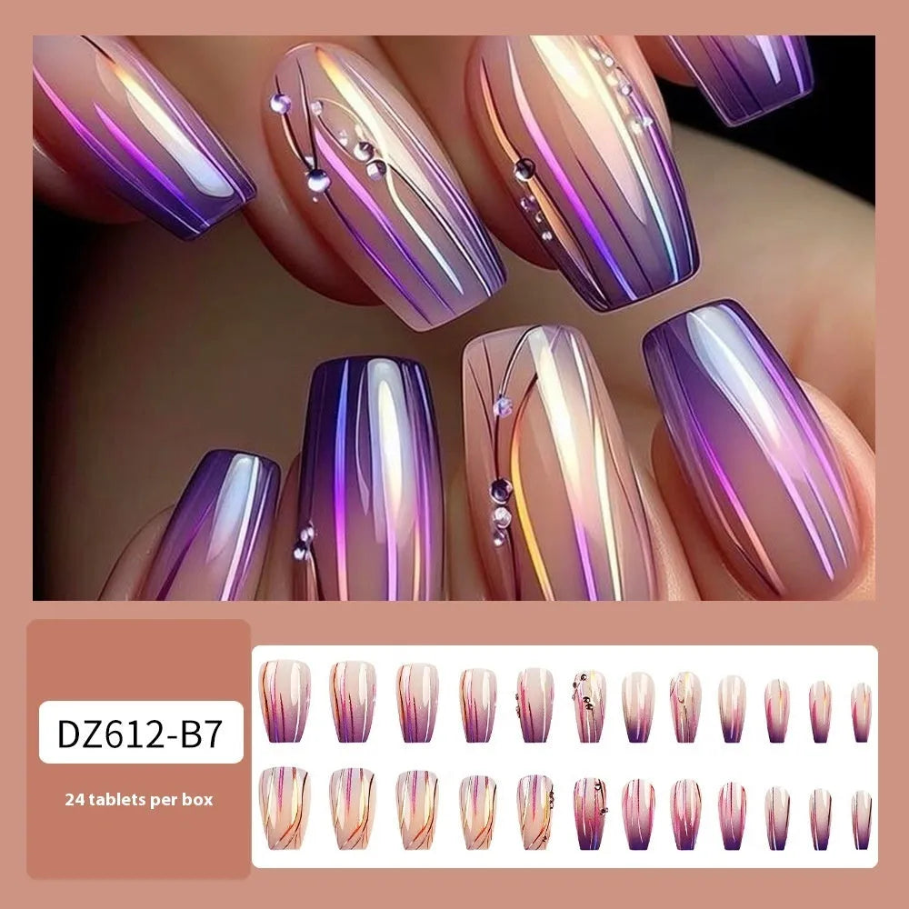 Magic purple line streamer gradient nail sticker set with starry sky pattern and jelly glue for short nails
